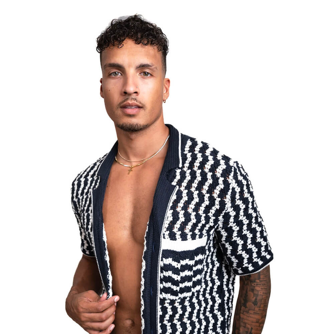 Crochet Button-Up Shirt | Organic Cashmere Cotton Blend | Navy & White-gallery-40467444498589