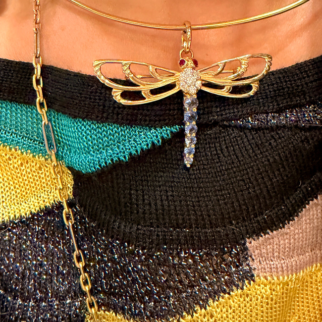 Vintage yellow 14K approx .35 ctw sapphire, ruby and .11 ctw diamond dragonfly pendant pin-gallery-57415871267131