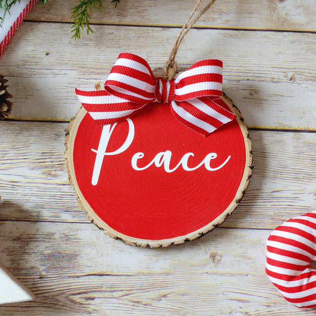 Christmas Ornaments Set Peace Joy Merry | Red White Wood Slices  - Set of 3-gallery-28553423126598