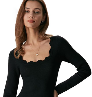 Women's Black Wave Scalloped Sweater Midi Dress Elegant Cocktail Dresses