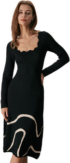 Women's Black Wave Scalloped Sweater Midi Dress Elegant Cocktail Dresses