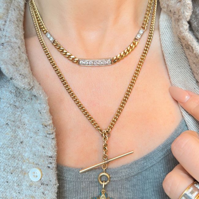 Vintage 14K triple bar 2ctw diamond curb chain, 16 inch-gallery-57436553969979