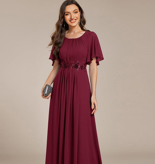 ever ASPYN|Short Sleeve Pleated Applique A-Line Floor-Length Formal Evening Dress
