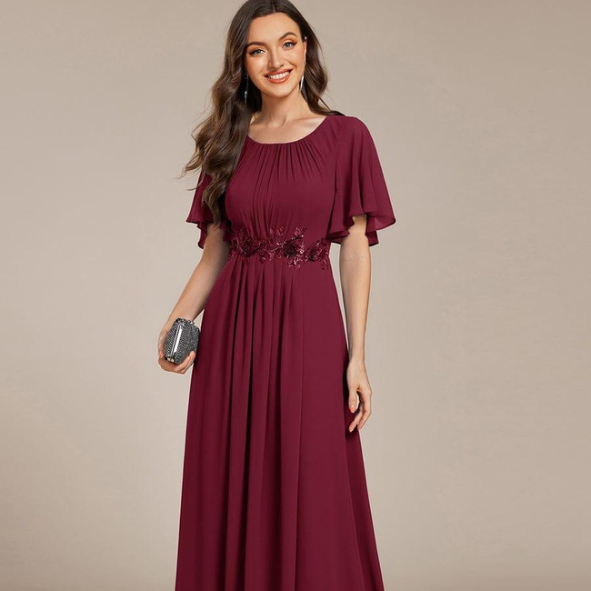 ever ASPYN|Short Sleeve Pleated Applique A-Line Floor-Length Formal Evening Dress-gallery-32875370905674