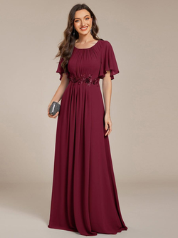 ever ASPYN|Short Sleeve Pleated Applique A-Line Floor-Length Formal Evening Dress