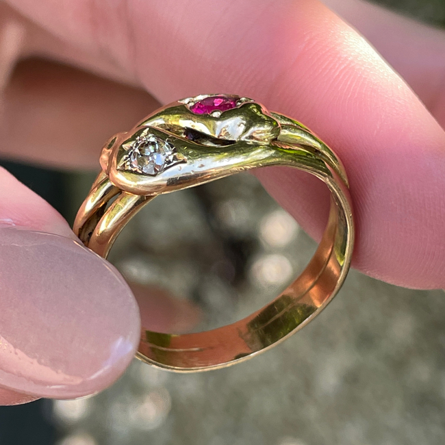 Antique Victorian yellow 18K pair of snakes ring with .25 ctw old mine cut diamond and .35 ctw ruby,-gallery-56085146534203