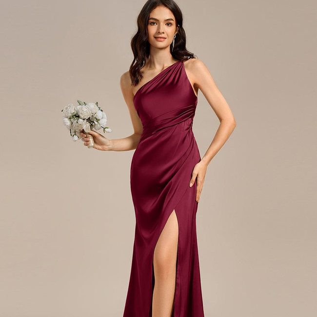 ever REIKO|Satin One Shoulder Ruched Side Split Mermaid Bridesmaid Dress-gallery-33405455990858
