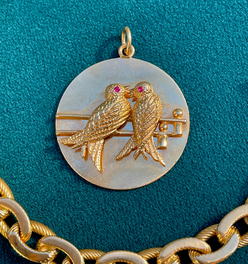 Vintage 14K gold Midcentury Tiffany & Co Lovebirds medallion with rubies
