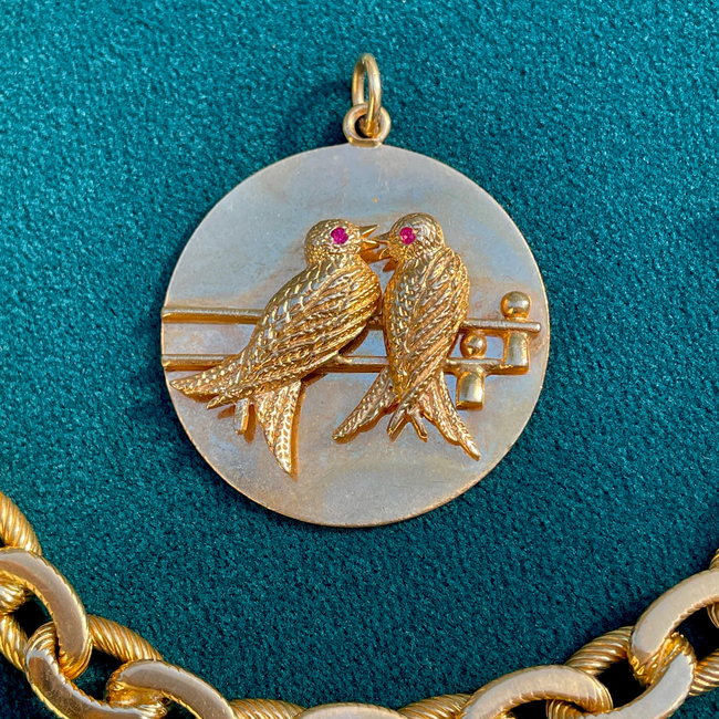 Vintage 14K gold Midcentury Tiffany & Co Lovebirds medallion with rubies-gallery-49155804660027