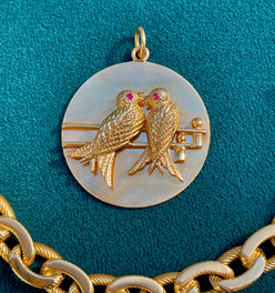 Vintage 14K gold Midcentury Tiffany & Co Lovebirds medallion with rubies