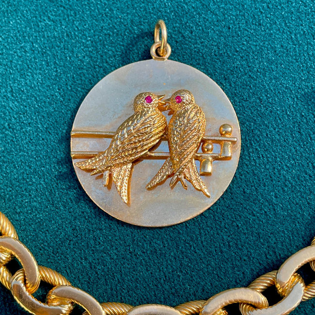 Vintage 14K gold Midcentury Tiffany & Co Lovebirds medallion with rubies-gallery-49155804660027