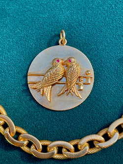 Vintage 14K gold Midcentury Tiffany & Co Lovebirds medallion with rubies