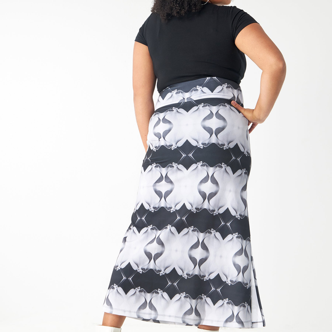 Babs Body-Hugging Midi Skirt - Black/White Stone Man Print Design-gallery-40066592997672