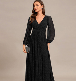 ever BRYM|Glittery Empire Waist Long Lantern Sleeves A-Line Evening Dress