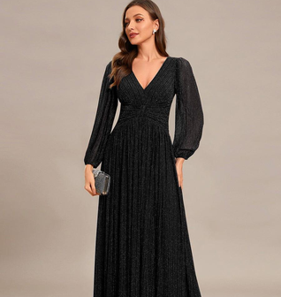ever BRYM|Glittery Empire Waist Long Lantern Sleeves A-Line Evening Dress