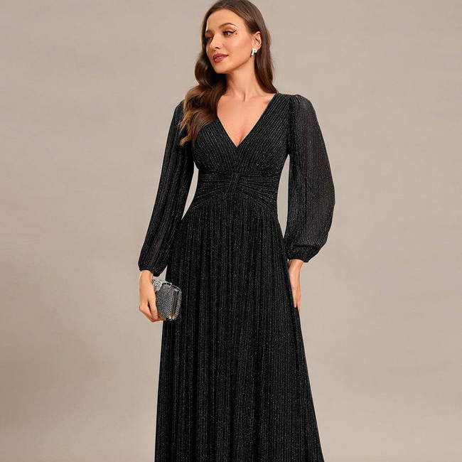 ever BRYM|Glittery Empire Waist Long Lantern Sleeves A-Line Evening Dress-gallery-31058963988554