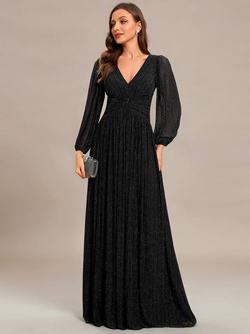 ever BRYM|Glittery Empire Waist Long Lantern Sleeves A-Line Evening Dress