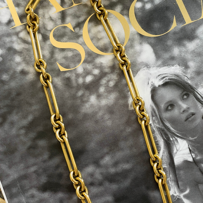 Antique yellow 18K solid trombone link watch chain with sapphire T bar, 19 inch-gallery-55160482988347