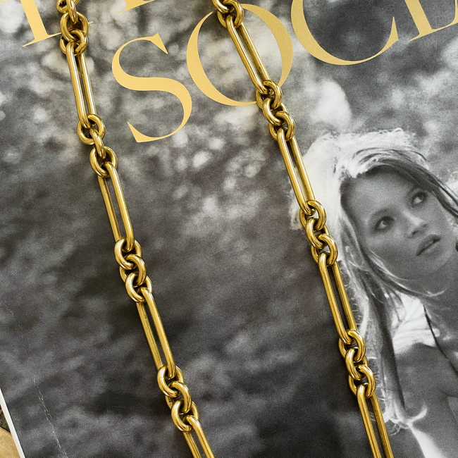 Antique yellow 18K solid trombone link watch chain with sapphire T bar, 19 inch-gallery-55160482988347