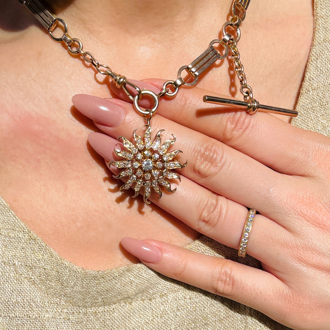 Amazing antique 1.6 ctw old euro/old cut diamond 14K Sun pendant/pin-gallery-49155744334139