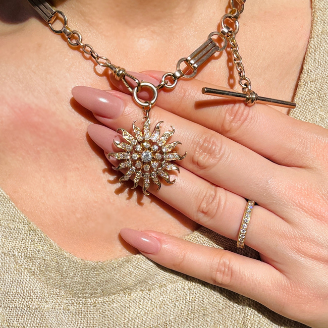 Amazing antique 1.6 ctw old euro/old cut diamond 14K Sun pendant/pin-gallery-49155744334139