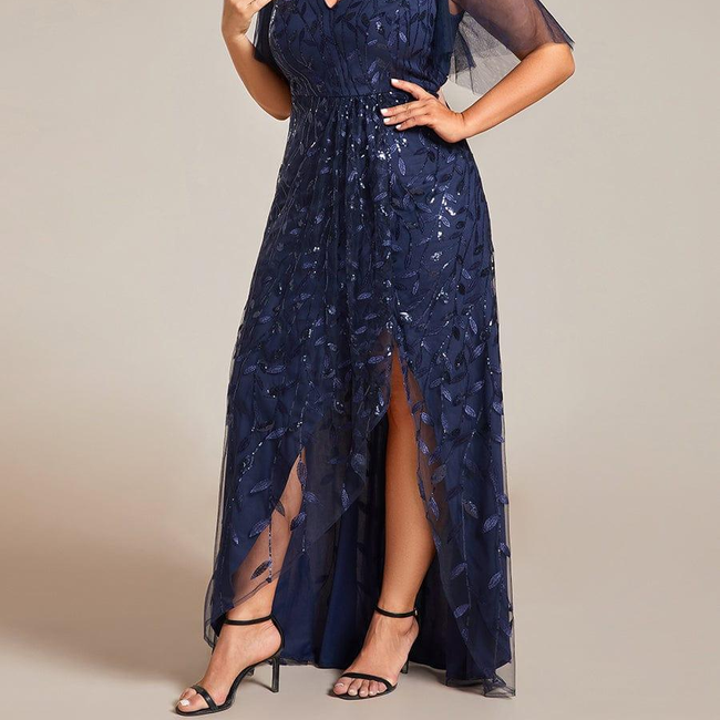 pretty ALIX|Plus Size Short Sleeves Sequin High Low V-Neck Midi Formal Evening Dress-gallery-30613783806026