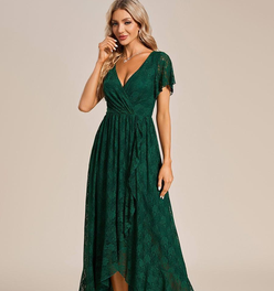 ever ELISE|Pleated V-Neck Short Sleeve Ruffled Lace Wedding Guest Dress