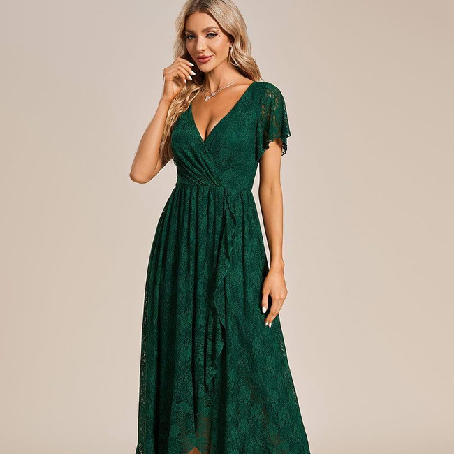 ever ELISE|Pleated V-Neck Short Sleeve Ruffled Lace Wedding Guest Dress-gallery-30176363348042