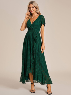 ever ELISE|Pleated V-Neck Short Sleeve Ruffled Lace Wedding Guest Dress