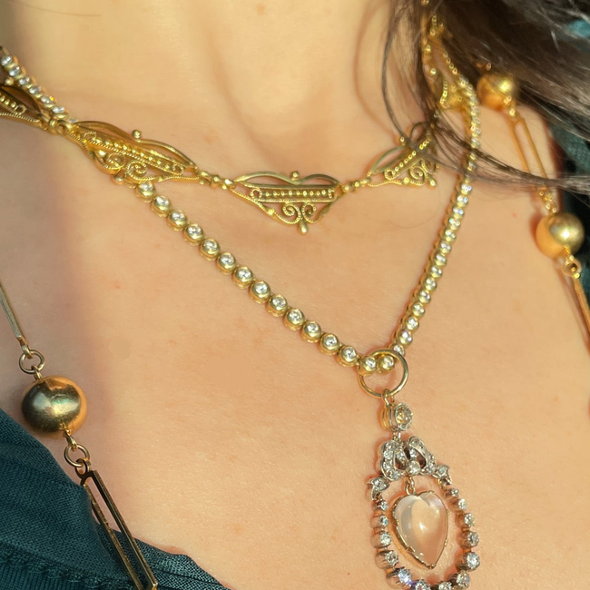 Antique yellow 18K French ornate scrolled link collar necklace, 15.5 inch-gallery-54305254211899