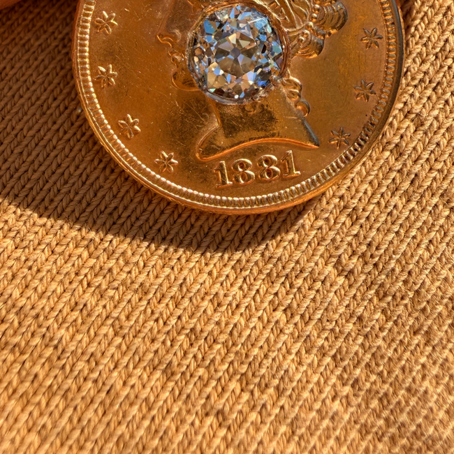 Antique yellow 21K gold 1881 $5 US Liberty coin with approx 1.1 ctw old mine cut diamond pendant-gallery-57083582447931