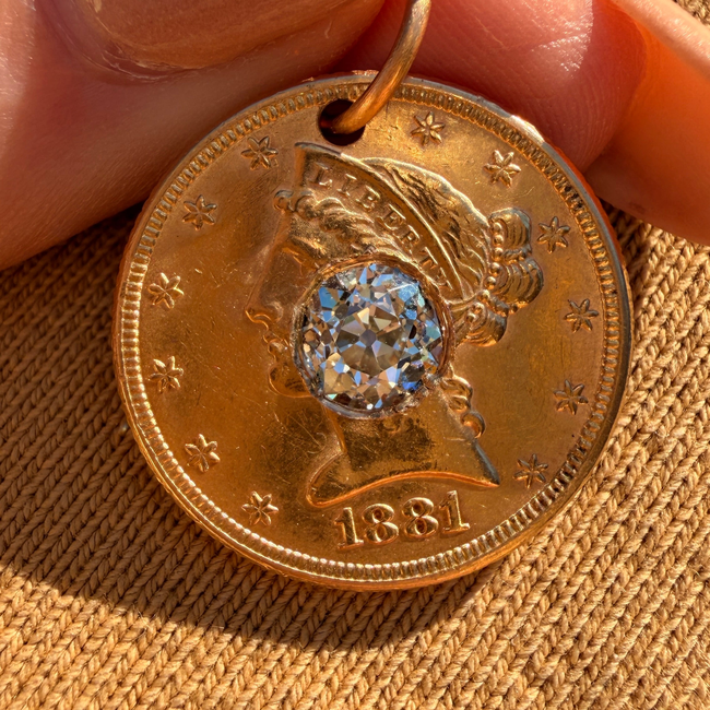 Antique yellow 21K gold 1881 $5 US Liberty coin with approx 1.1 ctw old mine cut diamond pendant-gallery-57083582447931