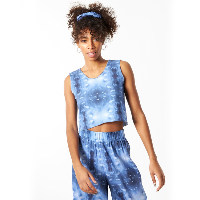 Babs Sleeveless Stretchy Crop Top - Blue Cloud Print-gallery-45252331798824