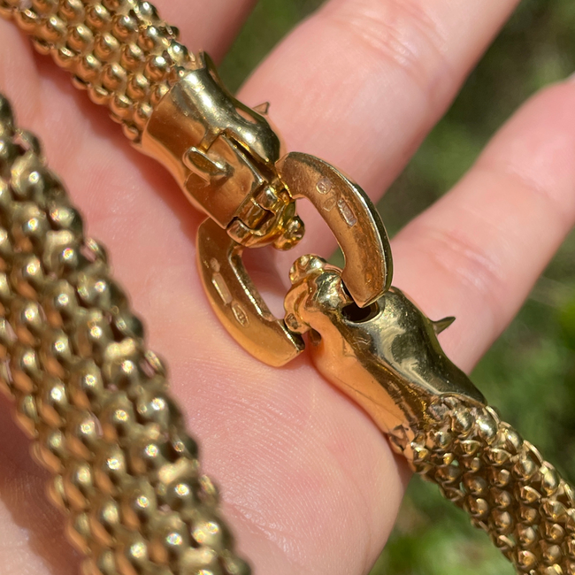 Vintage yellow 18K Riccardo Masella designer Panther clasp bead link collar necklace, 16 inch-gallery-54226768593211