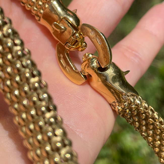 Vintage yellow 18K Riccardo Masella designer Panther clasp bead link collar necklace, 16 inch-gallery-54226768593211