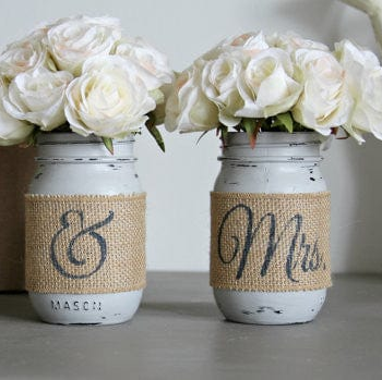 Wedding Table Decor Painted Mason Jars Mr and Mrs-gallery-9849541255