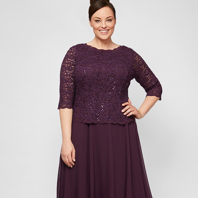 Plus Tea-Length Dress with Sequin Lace Bodice & Chiffon Skirt-gallery-42506263855360