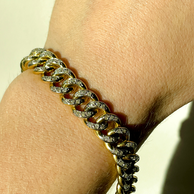 Vintage yellow solid 18K gold round approx 4 ctw old cut diamond curb bracelet with double side safe-gallery-51312276570427