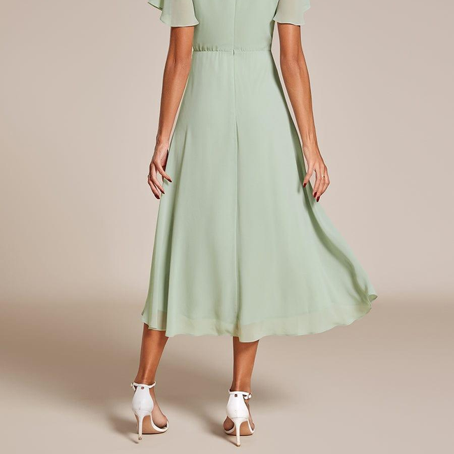 ever LARK|Ruffles Sleeve Pleated V-Neck A-Line Midi Chiffon Wedding Guest Dress-gallery-31451643510858