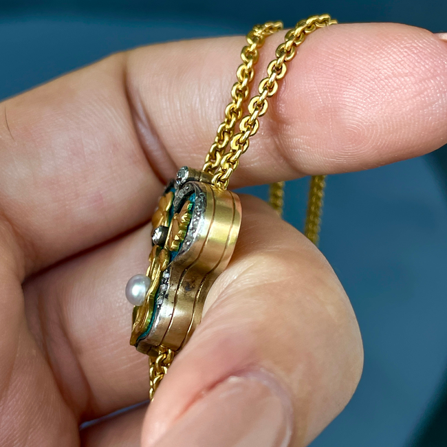 Antique Art Nouveau longguard chain with 21K/22K gold chain, 14K gold blue enamel butterfly slider w-gallery-56085003075899