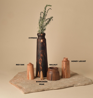 Cypress, Red Oak, Honey Locust, Walnut and Evergreen Pear Vessels