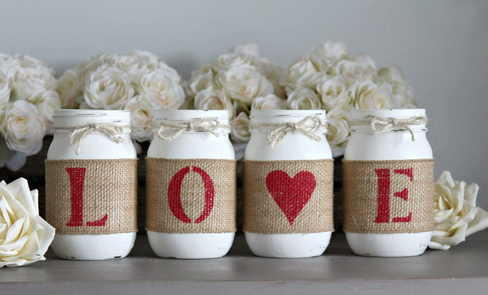 Valentine's Day Decor Red White LOVE Painted Mason Jars Set - Two Sided