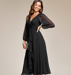 ever EMBER|See-Through Long Sleeve Twist Knot A-Line Lotus Leaf Shimmering Evening Dress