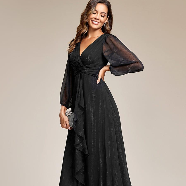 ever EMBER|See-Through Long Sleeve Twist Knot A-Line Lotus Leaf Shimmering Evening Dress-gallery-31381713256522
