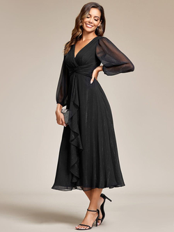 ever EMBER|See-Through Long Sleeve Twist Knot A-Line Lotus Leaf Shimmering Evening Dress