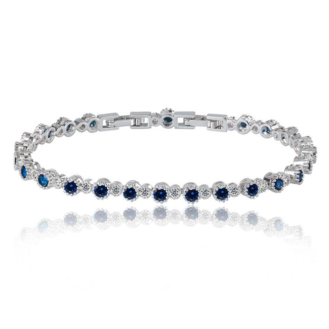 Sapphire and White Diamond Tennis Bracelet with Round Cut Cubic Zirconia-gallery-30351765340218