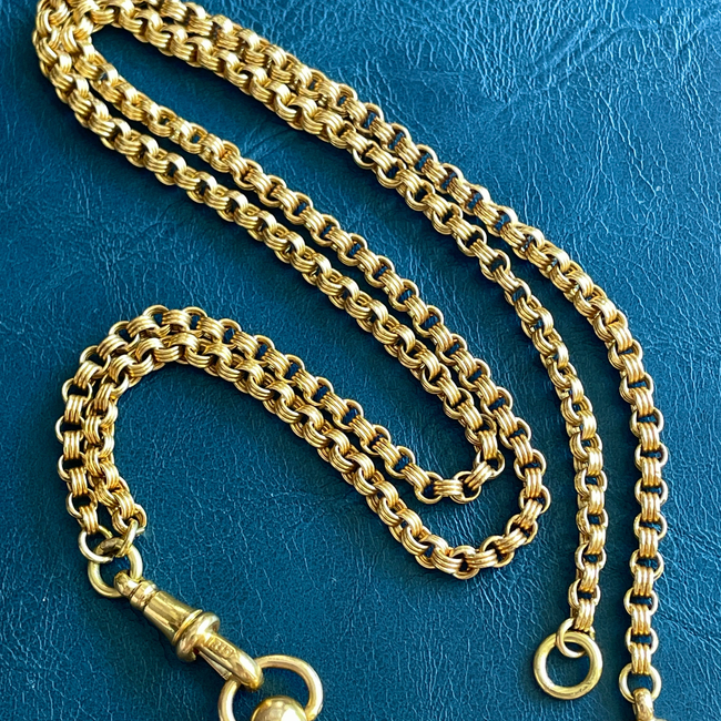 Antique yellow 18K triple rolo link watch chain with dog clip and bolt clasp, 23.5 inch-gallery-56081559847227