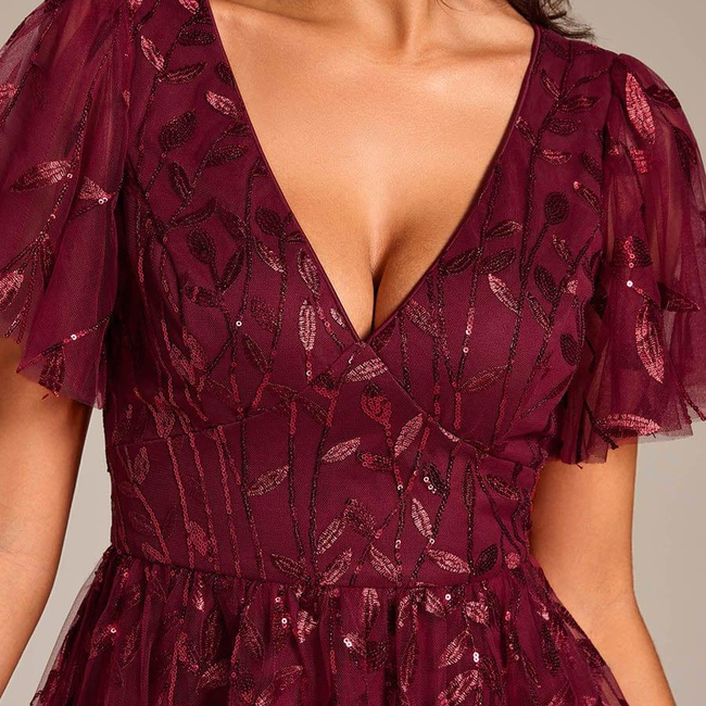 ever SIMONE|Short Sleeves Leaf Sequin A-Line Midi Formal Wedding Guest Dress-gallery-31760598925386