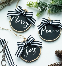 Christmas Ornaments Set Peace Joy Merry | Farmhouse Black White Wood Slices with Ribbon  - Set of 3