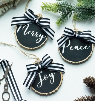 Christmas Ornaments Set Peace Joy Merry | Farmhouse Black White Wood Slices with Ribbon  - Set of 3
